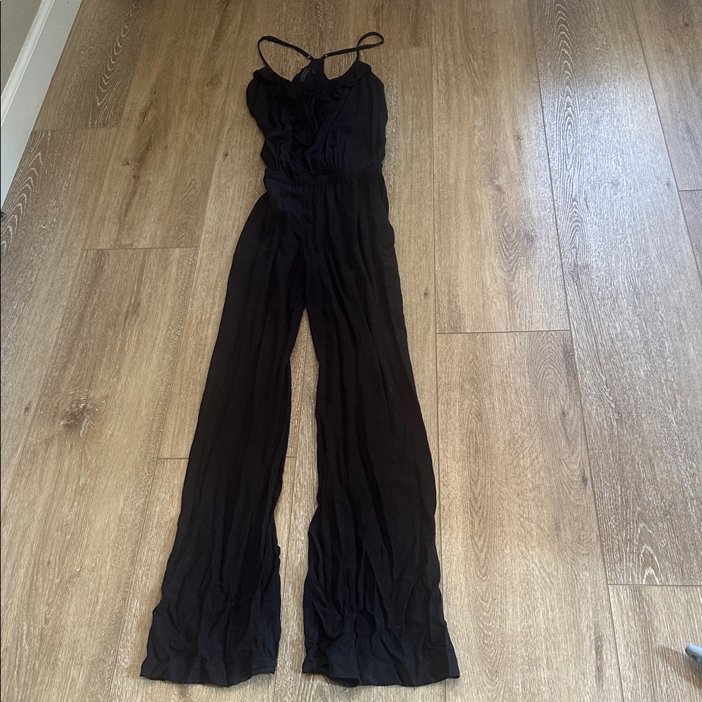 Guess Los Angeles Jumpsuit Black Long Pants Flowy With Front Ruffles Size S